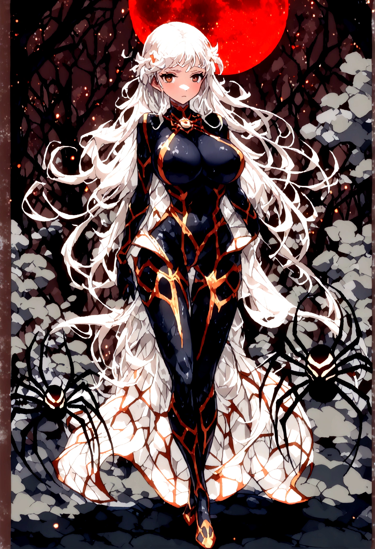 Beautiful anime style spider girl with long hair,((下半身はspiderの体である)),(((White Hair)))Long one curl hair,(((Highest quality)))Transparent Hair,Frowning face,Sad eyes,(((Brown eyes))),Beautiful woman of sadness,(((A well-defined, glamorous body)))Tight waist,Big Breasts,(((spiderの糸を巻いて着ている)))Beautiful and sexy girl in sexy clothes,Oily skin,(((Sexy pose))),((Walking)),(((detailed)))Full Body Shot,spider,Countless threads wrapped around the body,(((background)))fog,Red Moon,in the forest,Dark Cave。