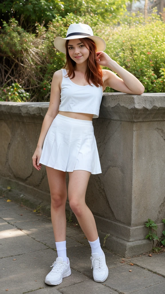 18-year-old girl similar to Chloë grace Moretz, smiling, waist-length red hair, disheveled and disheveled, very detailed, wearing a white fedora hat, white sleeveless blouse, blue miniskirt, tennis shoes, no socks, posing on a frame of Ruined stone. Direct natural sunlight, photorealistic, high-quality definition, masterpiece, very detailed