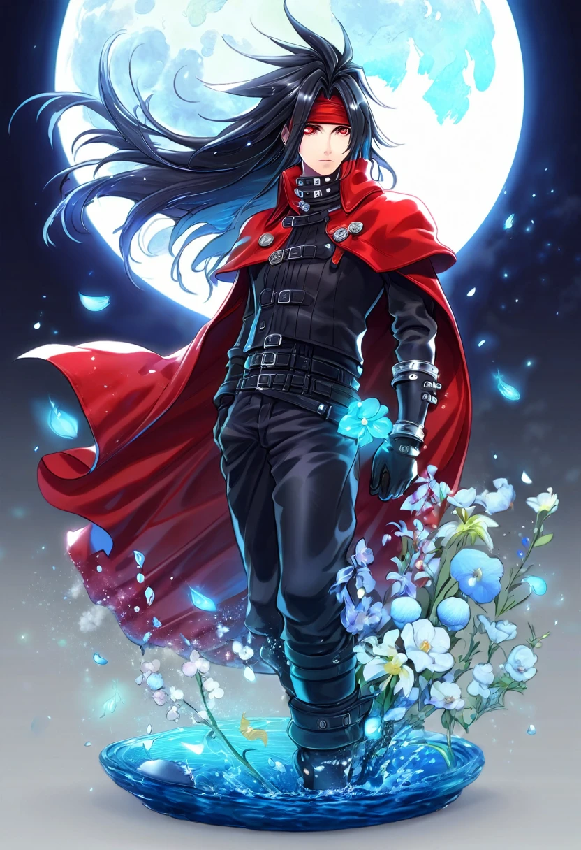 absurdres, highres, ultra detailed, HDR, master piece, Vincent Valentine, black long hair, expressive red eyes, red cape, black leather shirt, red headband, Final Fantasy VII, man, handsome, best quality, blue moon, flowers, fantasy, magical, solo, water, blue shining fireflies, blue petals,