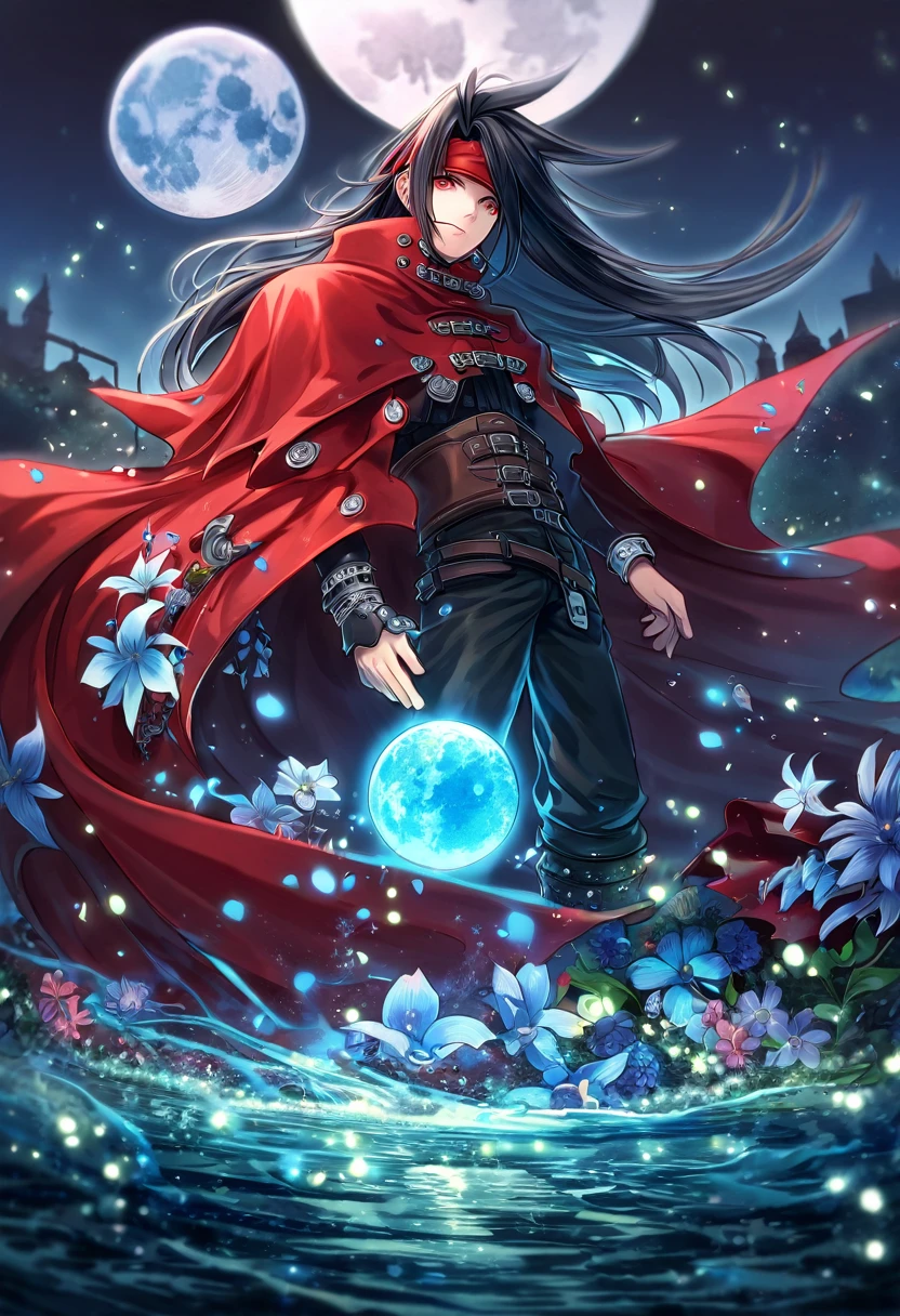 absurdres, highres, ultra detailed, HDR, master piece, Vincent Valentine, black long hair, expressive red eyes, red cape, black leather shirt, red headband, Final Fantasy VII, man, handsome, best quality, blue moon, flowers, fantasy, magical, solo, water, blue shining fireflies, blue petals,