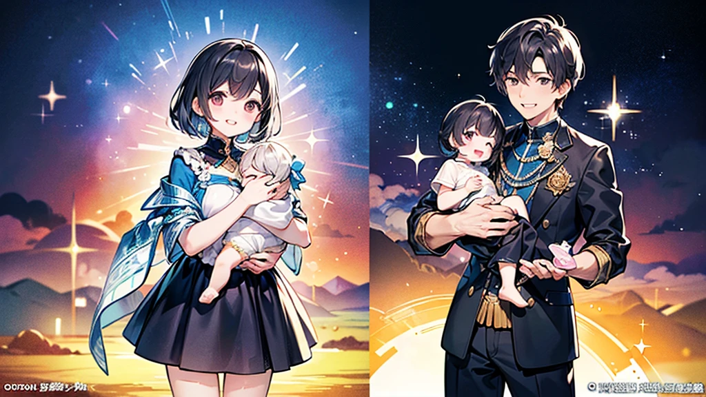 score_9,score_8_superior,(((Highest quality、Masterpiece、Official Art、The best dynamic composition、Super detailed)))、Single Mother、She is holding a baby boy and laughing happily.、Heartwarming、A gentle smile、A sparkling world、