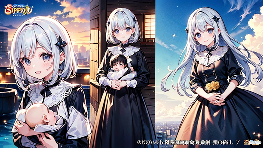 score_9,score_8_superior,(((Highest quality、Masterpiece、Official Art、The best dynamic composition、Super detailed)))、Single Mother、She is holding a baby boy and laughing happily.、Heartwarming、A gentle smile、A sparkling world、