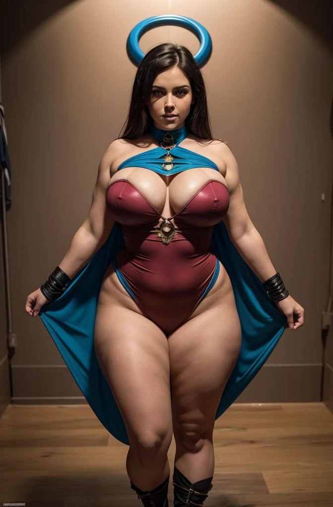 foto de uma superheroina, standing, (pink skin tone), staring overhead, eye contact, (mouth wide open: 1,0), chubby body, Waist slender, Female One, huge and round breasts, wearing blue and red strapless leotard, (dark haired:1.2 ), venat, beautiful face, fleshy lips, Slender Face, protruding cheekbones, brawny, No Mohrbacher artistic style, in style of peter mohrbacher. (Thick thighs:1.2), (full body:1.5), (body shot:1.5)