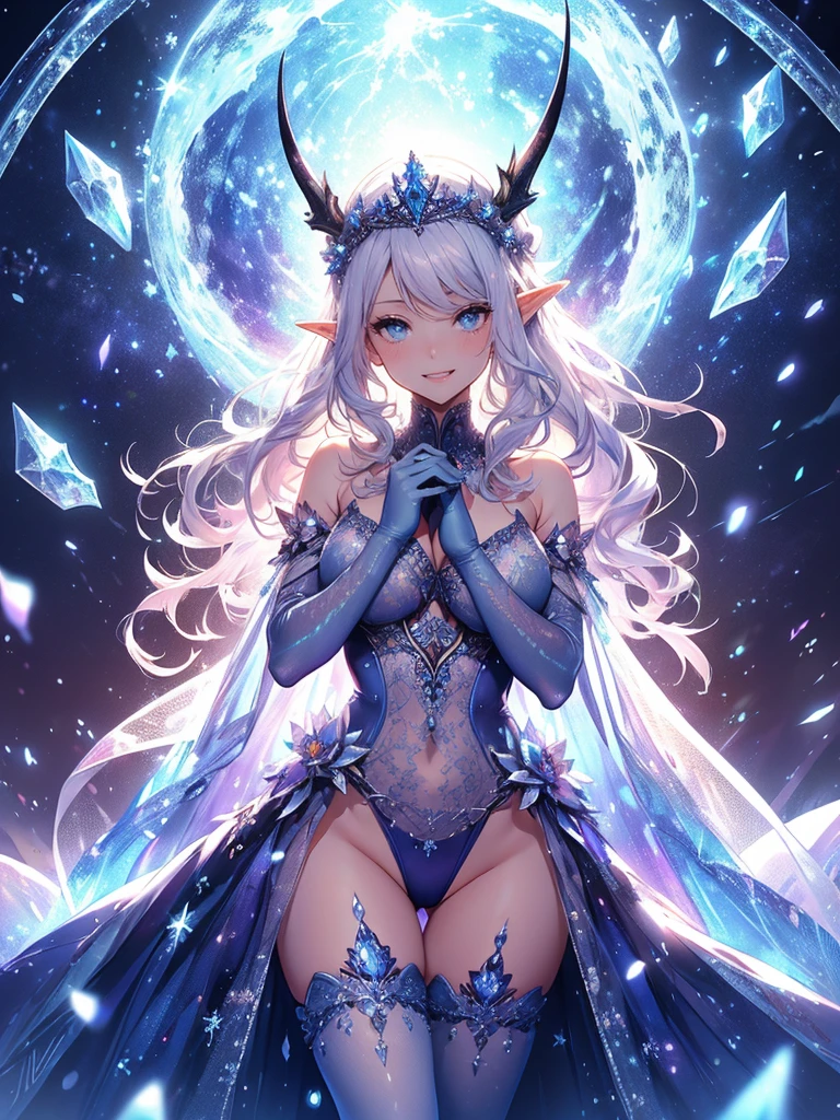 最high quality、Many snowflakes cover the background、最high quality、1 woman elf、Succubus、Stand against a wall(( cowboy shot ))((full body stocking))'((see-through body stocking))、Lots of giant snowflakes、Beautiful eyes、tears、Raise your arms behind your head、Beautiful decoration、、Ice tiara、Beautiful galactic light、A world made of ice、最high quality , Fractal Art.Ice Throne、ice World、Bikini、beautiful big ass、 ((Laugh beautifully、))((Glowing ice ))SMqueen、Beautiful face、orgasm、Ecstasy、Beautifully decorated stockings、Devil's World、Ice crystals、Crystal of snow、Ice wall、ice World、Bigger on the front、 Beautiful shine,High-definition depiction, Realistic, 8K, Unity, Beautiful thighs,,Giant Devil's Wings、Rainbow-colored wings、、 light smile, Beautifully and vividly drawn, , beautiful beautiful透き通る肌、The magic of shining beautiful decoration、Giant horns、 demon king、、Beautiful decorationの角、 , beautiful、 Romanticism,mosquito。 The most beautiful form of chaos, Mr..々 Intertwined flowers, P article,Magical gentle light,smile,,image quality、masterpiece、Beautiful face、Super beautiful elf woman((Big breasted 22 year old office lady、Bust 120,Beautiful long ironed hair、Silver Hair、height: 165cm。、Esbian、、high quality、、Visual Arts、最high quality、1 woman elf NP: Worst quality ,beautiful Fractal Art 、、、light、Beautiful radiance,High-definition depiction, Realistic, 8K, Unity, , light smile, Beautifully and vividly drawn, , Beautiful, beautiful, clear skin、 Countless rays of light pouring down, Swirling Light, big background, , Intense light is emitted from the magic circle in front of the girl. Romanticism,Cowboy Shot: 最high quality