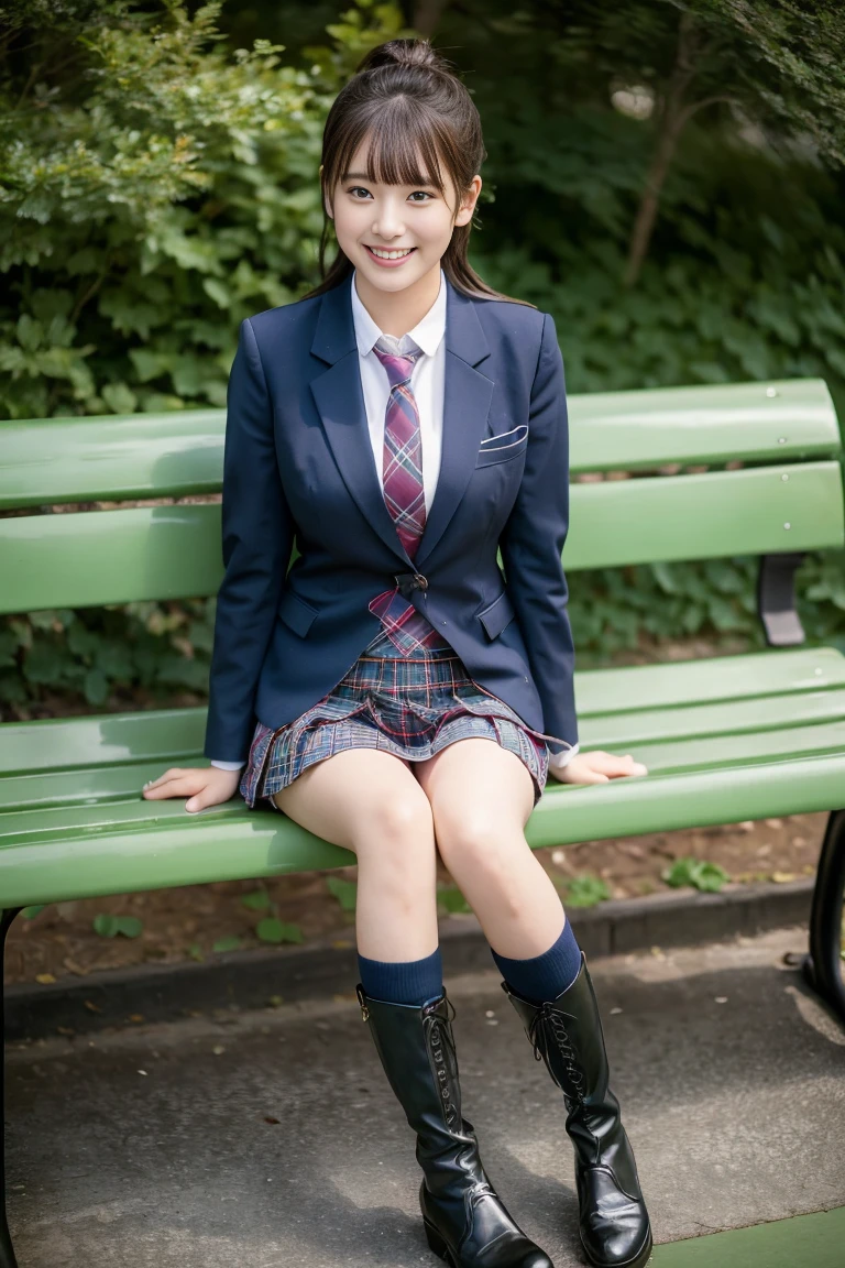 (8K), (highest quality: 1.2), (Realistic), (Realistic: 1.37), Ultra-high resolution, 1 girl, cute, (Embarrassed smile:1.2), (Blushing:1.4),Mouth closed, Beautiful details, Beautiful Nose, Wet Hair,bangs, giant dulcefo, pork, Thighs,Navel exposed,University Student Uniform,A simple blazer,Pleated skirt,(The skirt and tie are tartan check pattern.:1.3),Platform boots, (sitting on a park bench:1.2),(Shiny Thighs:1.2), medium shot