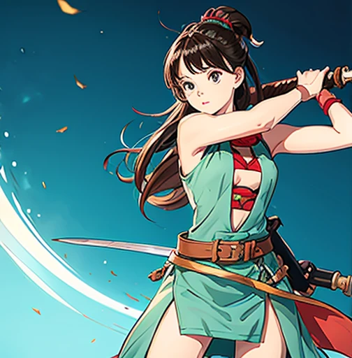 an animated character is in the background of a video game screener and an image of a girl in an with a sword on her shoulder and her breasts spread out