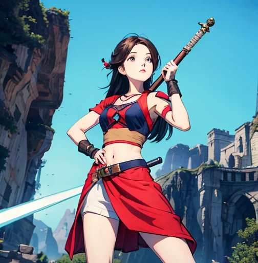 an animated character is in the background of a video game screener and an image of a girl in an with a sword on her shoulder and her breasts spread out