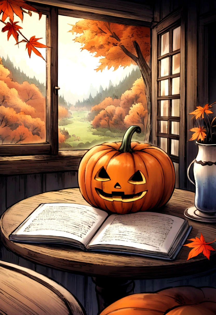 Halloween　Cafe in the forest　Pumpkin soup　coffee　Wooden table　Outside the window is a forest of autumn leaves　No people　No characters needed　Landscape only　Fantasy　Picture book style　Pastel drawing