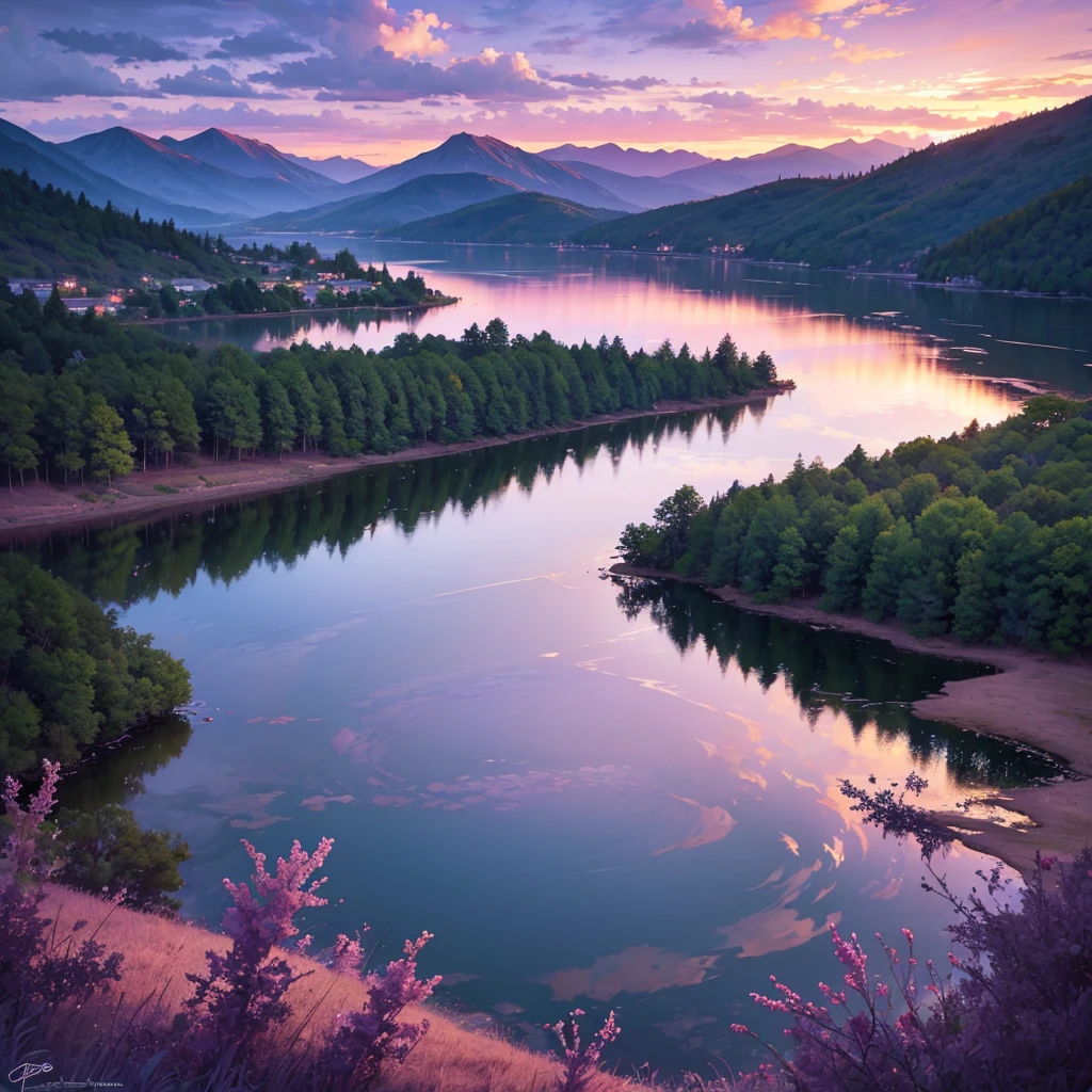 A beautiful purple sky, dramatic sunset, glowing clouds, detailed landscape, rolling hills, lush greenery, serene lake, reflection, dramatic lighting, painterly style, vibrant colors, photorealistic, 8k, high quality, masterpiece