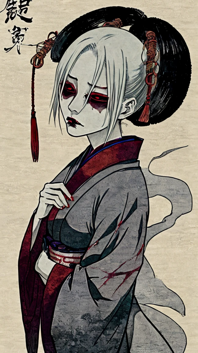 A ghostly depiction of Oiwa, a betrayed woman turned vengeful spirit from Yotsuya Kaidan. She has a distorted, haunting face and wears traditional Japanese attire. The background is a dark, eerie setting with a hint of supernatural elements, evoking a sense of fear and revenge.