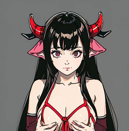 the girl in heat has two horns tied flat chest, as well as two hands on her flushed lewd face