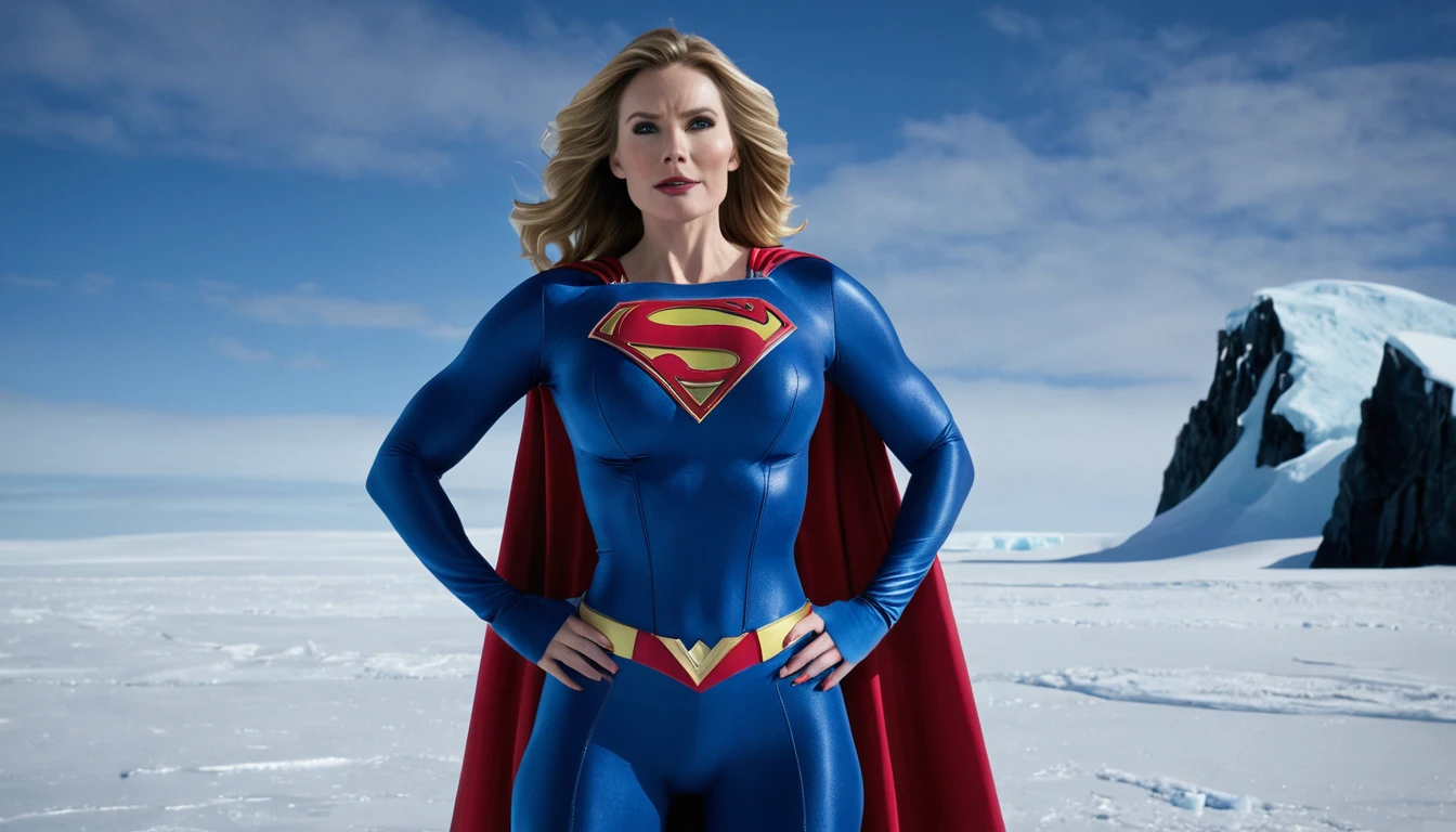 Fortress of Solitude (south pole) place; strong Julie Hagerty Supergirl take off; big and strong breasts. HD. Photograph, ((realism)), extremely high quality RAW photograph, ultra detailed photograph, sharp focus, high resolution, (detailed skin:1,3),high quality, film grain, Fujifilm XT3,Highly Detailed, movie, (Cinematic Photo:1.3) of (Realistic:1.3)
