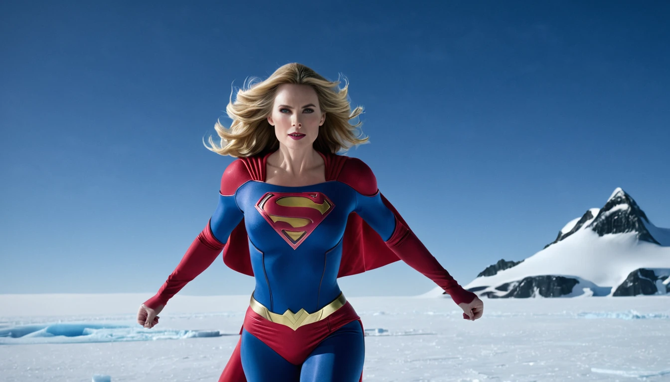 Fortress of Solitude (south pole) place; strong Julie Hagerty Supergirl take off; big and strong breasts. HD. Photograph, ((realism)), extremely high quality RAW photograph, ultra detailed photograph, sharp focus, high resolution, (detailed skin:1,3),high quality, film grain, Fujifilm XT3,Highly Detailed, movie, (Cinematic Photo:1.3) of (Realistic:1.3)