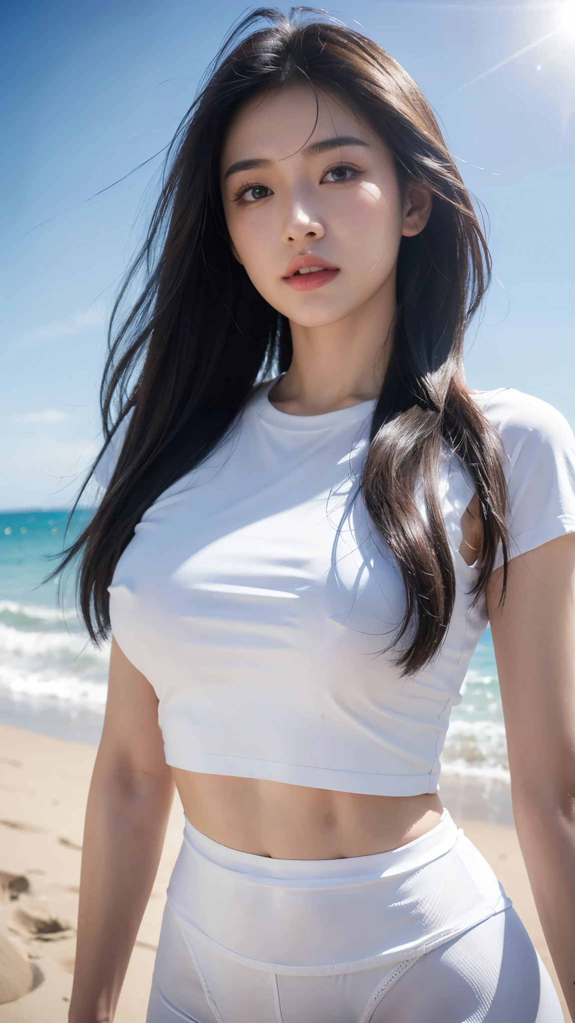 (logo、masterpiece、8K、tabletop、RAW photos、very cool、最high quality、Photorealistic and very detailed CG integrated 8K wallpaper、high quality、very detailed、epic、particle effects、Dynamic effects、written border depth、cinematic light、lens flare、ray tracing)、fancy、 (one beautiful woman、white yoga pants、white t shirt、white tube top、white crop top、black hair、beautiful face、true face、beautiful details、eye、beautiful skin、ultimate body、attractive)、私の髪はwindに舞う、Hair flutters in wind、hair pops out、Coast、very cool景色、coastal、Sunrise、with the sun in the background、wind、Beach