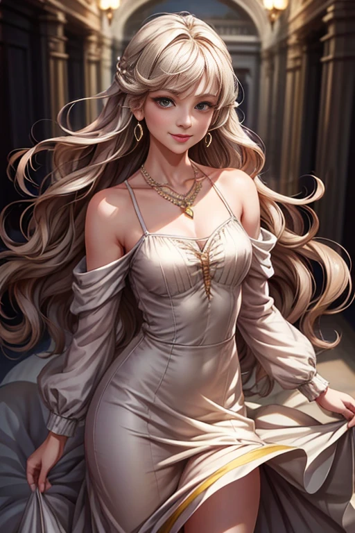 Beautiful, soft light, (beautiful and delicate eyes), very detailed, pale skin, big smile, (long hair), dreamy, medium chest, female 1, ((front shot)), bangs, soft expression, height 170, elegant , Bright smile, 8k art photo, photorealistic concept art, realistic, person, small necklace, small earrings, fantasy, jewelry, shyness, dreamy soft image, masterpiece, ultra high resolution, skirt, shirt, jacket, color , (both eyes (winds gently), (raises head slightly and looks immersed in happy thoughts),colorful,glitter