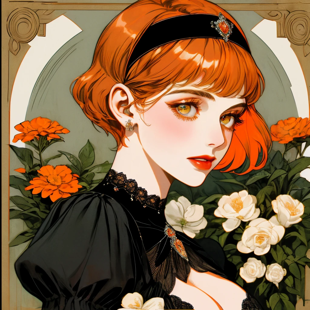 masterpiece, collage of short orange haired woman, hazel eyes, facing side slightly, show cleavage a little, wearing black dress and black flapper headband, German, 1920s, 1920s outfit, a singer, in a cruise, flower, realistic size of facial features