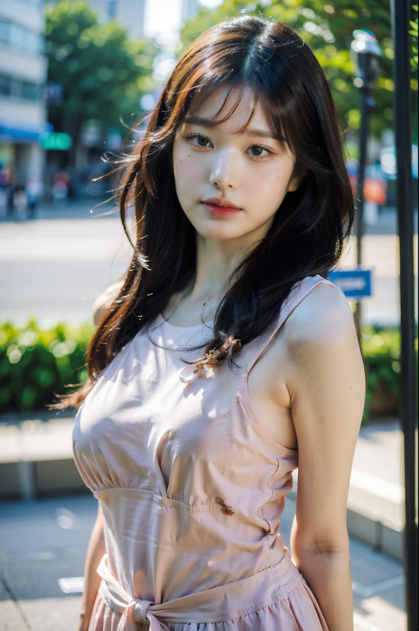Best quality, masterpiece, ultra high res, (photorealistic), raw photo,1girl, skinny, upper body,solo, realistic, looking at viewer, long hair, bokeh background, city streets,brown eyes, bohemian dress,