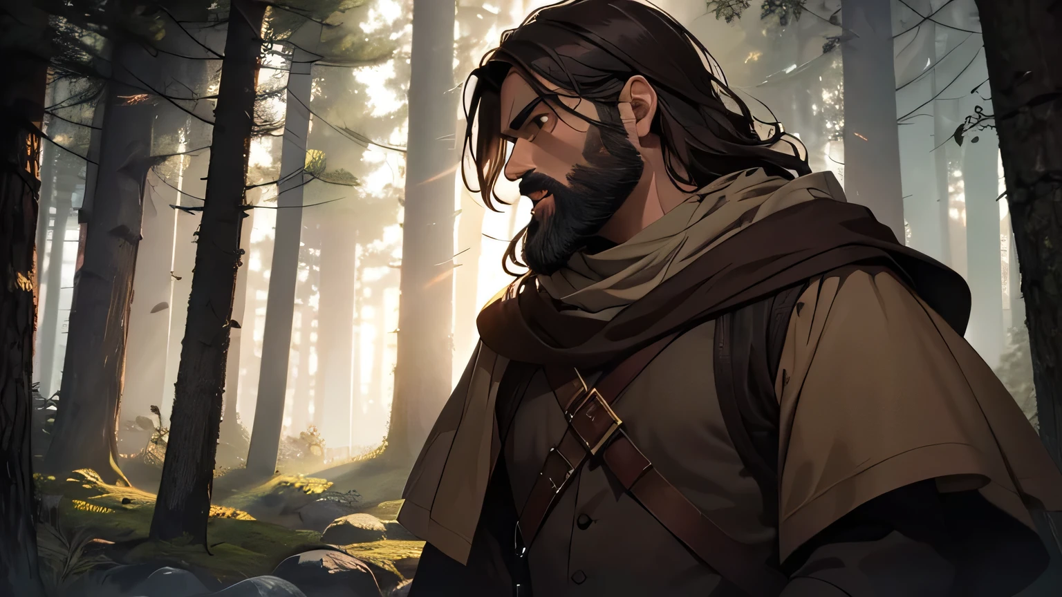 man with dark brown beard, long dark brown hair, light yellow-brown eyes and dark brown and light brown tunic from the 4th century BC. C., with a light brown cloak, about 50 years old, Screaming in a dark and mysterious forest at night, movement scene in the forest, changing lighting, hyperrealistic, cinematic lighting, back view
