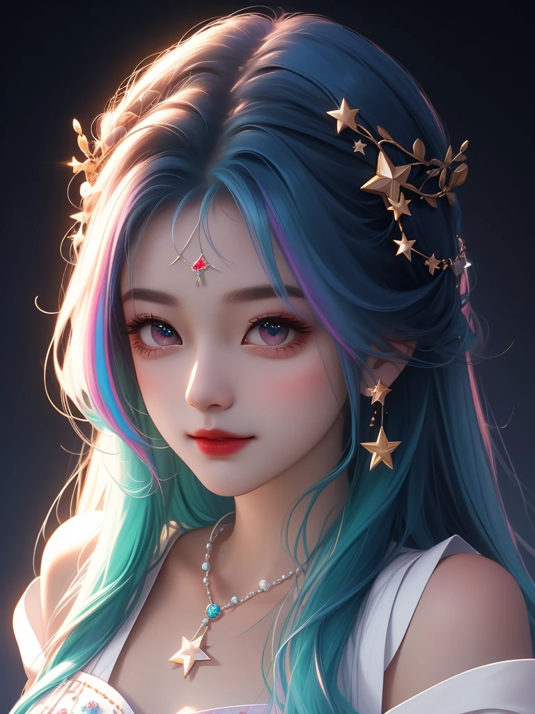 best quality, masterpiece, high resolution, 1 Girl,flirtatious，Seven colored hair，(Charming smile:0.8),Star-shaped pupil,china hanfu,Hair accessories,necklace, Jewelry,Pretty Face,Above_Body, Tyndall effect,Reality, Dark Studio, Rim Light, Two-tone lighting,(High Detail Skin:1.2), 8K uhd, Digital SLR Camera, Soft lighting, high quality, Volumetric Lighting, frank, photo, high resolution, 4K, 8K, Bokeh