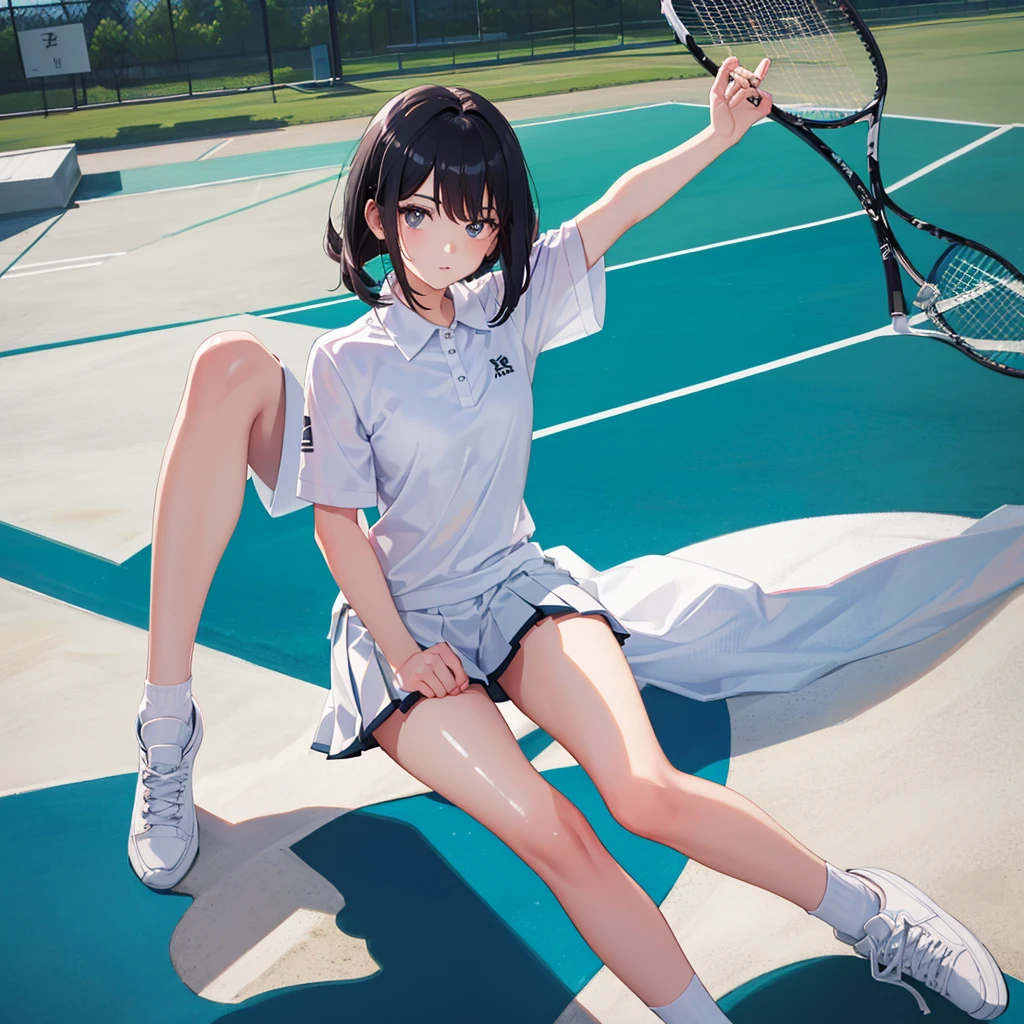 1girl in, Tennis Wear、White polo shirt, White pleated mini skirt, white panty、White Socks、White sneakerasterpaintings, best qualtiy, Photorealsitic, Ultra-detail, (shiny skins, perspired:1.4), looking at the spectator, With long black hair, black eyes,slender,dynamic light and shadow,hight resolution,Sharp Focus,depth of view,The eyes are delicate,Sharp pupils,pupil realistic,(skinny thigh:1.0),outside of house,Sky