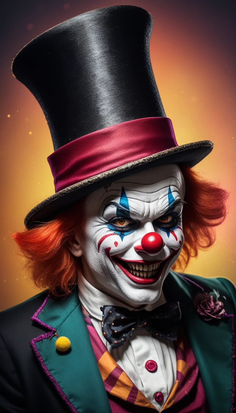 clown in a top hat and costume with a scary look, youthful appearance, scary clown, Crazy clown, death clown portrait, skull clown, tema pennywise, Sinister appearance, Spooky Smile, dead clown, portrait skull clown, scary look, grim-hatter, scary style, sinister and stylish, scary color art in 4 k, the Mad Hatter, 8K))