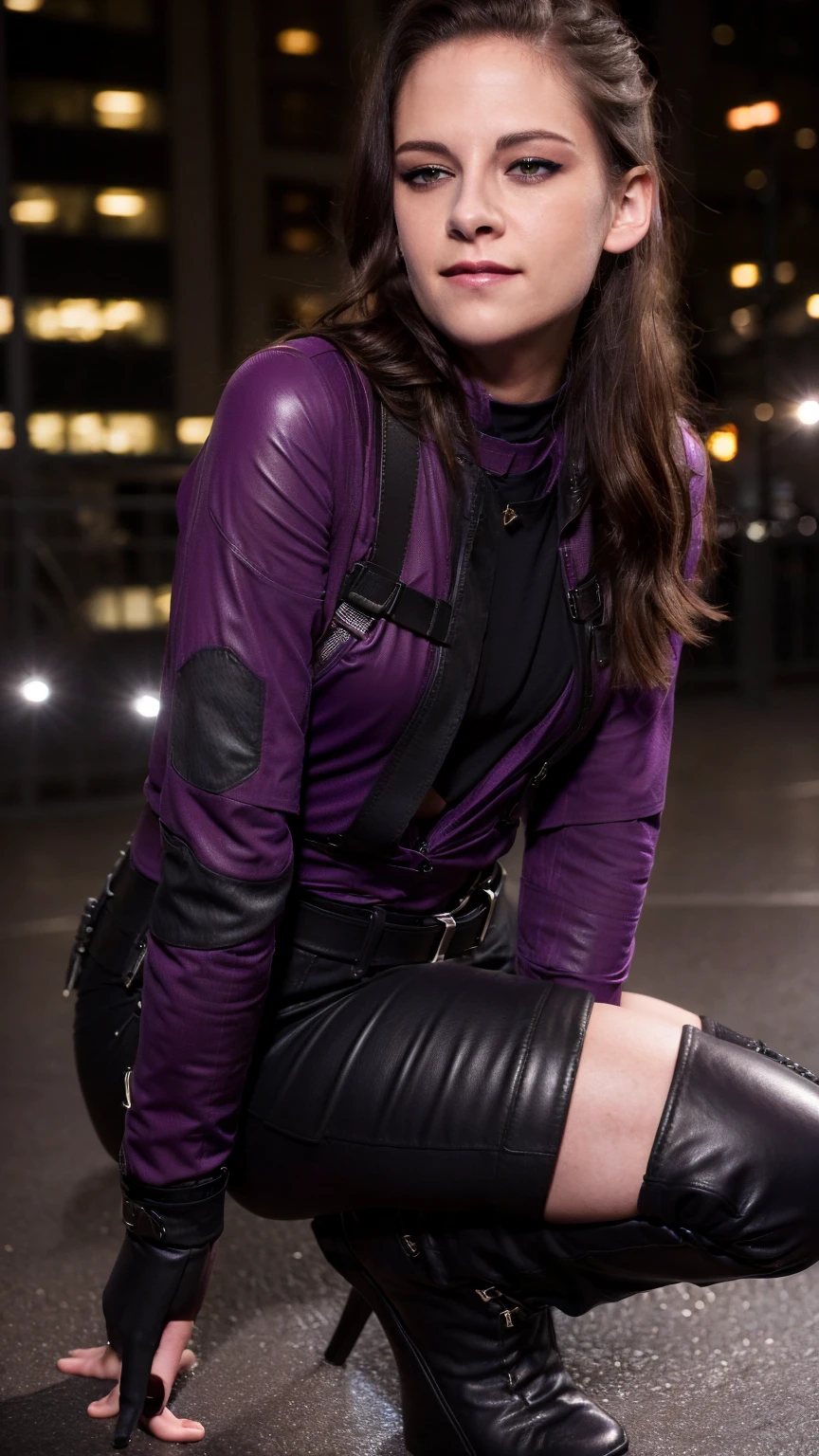 (masterpiece), (photorealistic1.4), (epiCRealLife), (lora:KateBishopFNLoRA:1.0 ribbed bodysuit costume), (KateBishopFNLoRA black leather pants), (KateBishopFNLoRA utilities belt), (leg holster) (KateBishopFNLoRA black gloves), (Kate Bishop Purple Costume),, (epiCFlashPhoto), (harness), (medium height), (ponytail), (young woman), ,(flashphoto), (flash photography), (make up) ,(kst3w-v2 smile ), (Kristen Stewart), (on New York Rooftop), (Kristen Stewart squatting)