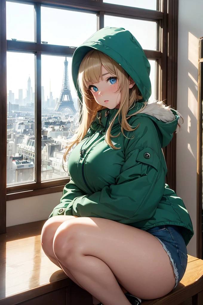 1 female, shy, french girl, young teen, bonnet, cute, thick thighs, supple breast, full body pic, blond, blue pupils, pout, best quality, eiffel tower on the window, cute, green parka, denim shorts, in an apartment.
