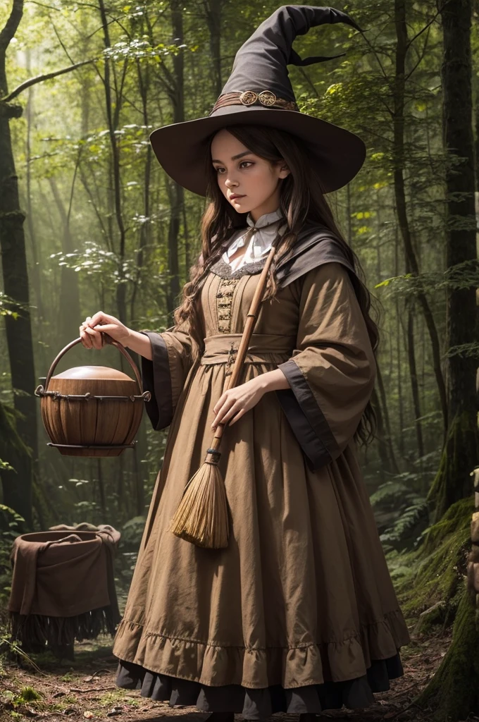 create a witch that is not too tall nor too short without an old face that is beautiful light brown hair with a broom cauldron in the forest and clothes that symbolize witchcraft that the image is hyper realistic