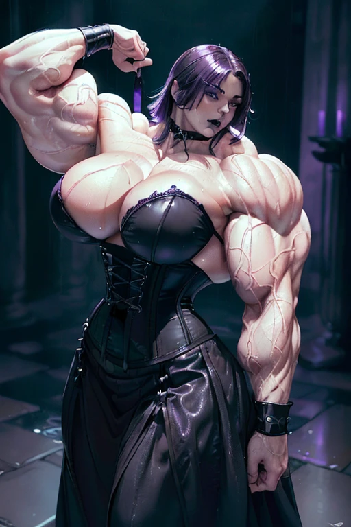 (((((Massive, beautiful, buff, wet, pale white skinned muscular woman with violet purple hair, black lipstick, ginormous bulky muscles and wearing a gothic corset with a beautiful long gothic skirt))))), (close view), massive muscles, hyper muscles, long hair with long bangs, ((black gothic corset)), ((beautiful long gothic skirt)), black eyes, choker, (spiked gauntlets), black boots, (in a rainstorm Darkened city), ((Dark and moody universe:1.3)), close smile, night, massive arms