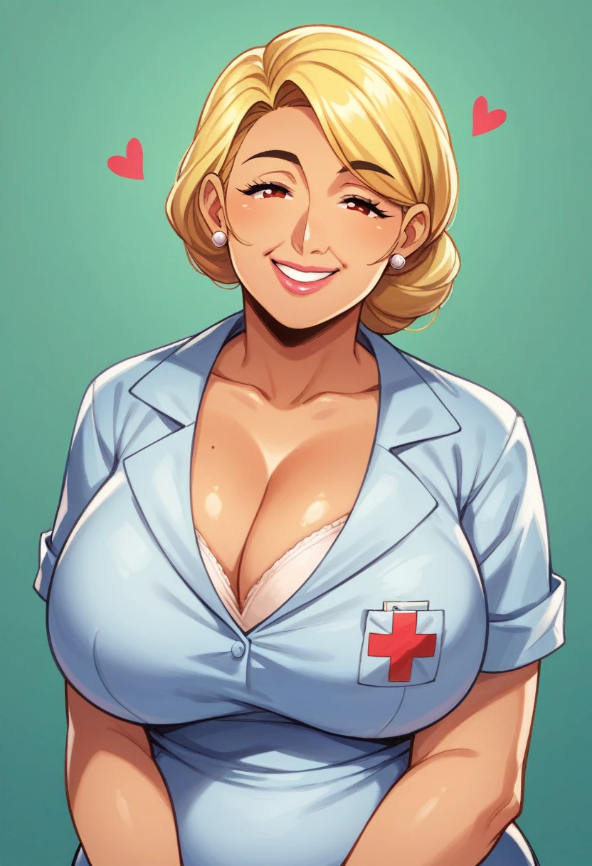 , milf, gilf, larger female, blonde, gyaru, wrinkles, aged, female surgeon, surgery, medic, nurse, hospital, compassion, lovely smile, in love, hearts, mother, motherly, big belly, plump, worried smile, worrying,