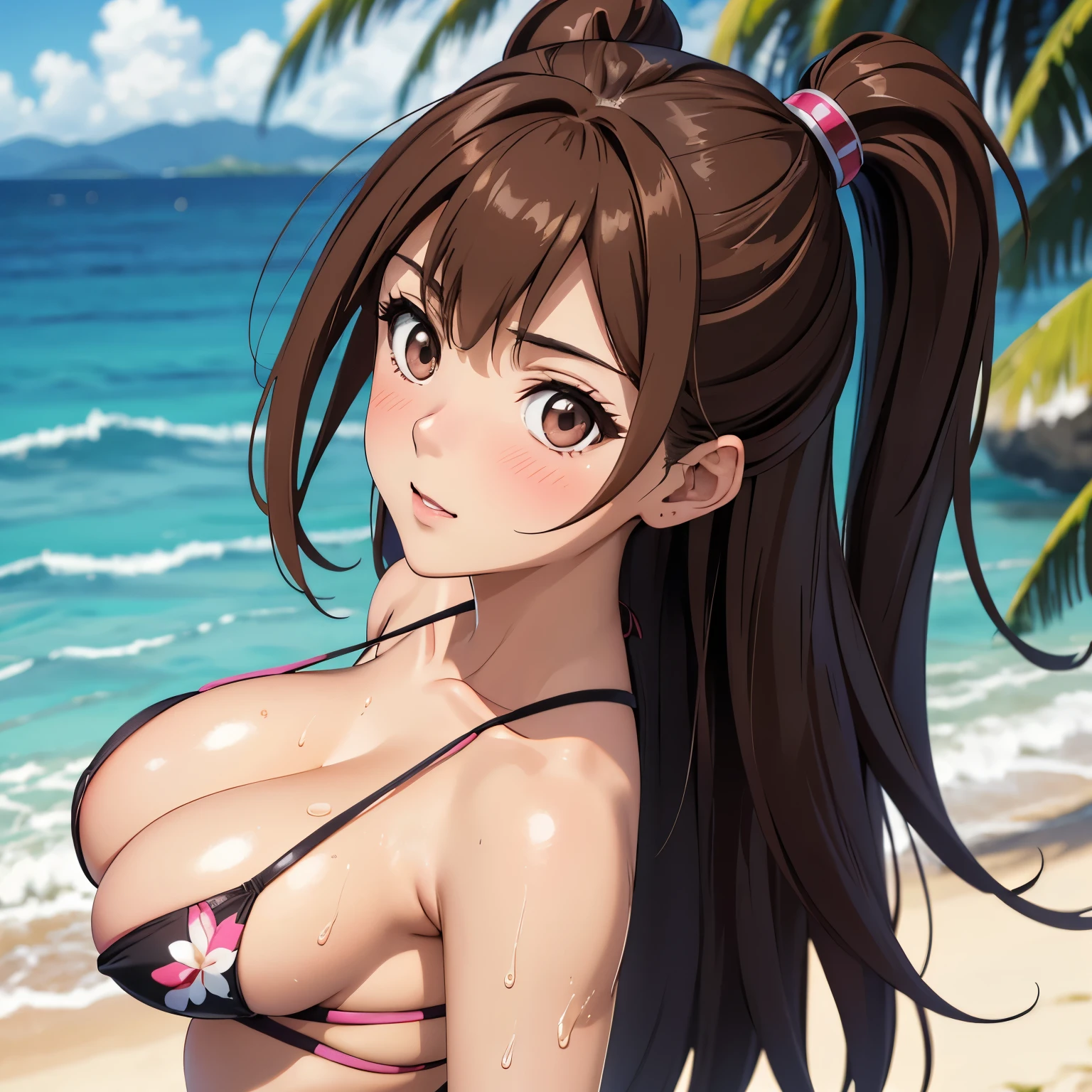 Kizuna Kazayama, 25 year old woman, mature face. Long brown hair, BLUSH, brown eyes,  . mirada coquette, sonrisa coquette, WET BODY, huge breasts,  black bikini,  He is standing in front of the camera on a tropical beach, blush, coquette.