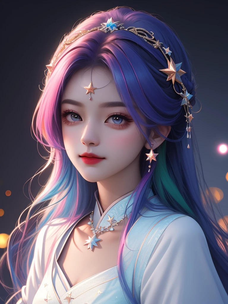 best quality, masterpiece, high resolution, 1 Girl,flirtatious，Seven colored hair，(Charming smile:0.8),Star-shaped pupil,china hanfu,Hair accessories,necklace, Jewelry,Pretty Face,Above_Body, Tyndall effect,Reality, Dark Studio, Rim Light, Two-tone lighting,(High Detail Skin:1.2), 8K uhd, Digital SLR Camera, Soft lighting, high quality, Volumetric Lighting, frank, photo, high resolution, 4K, 8K, Bokeh