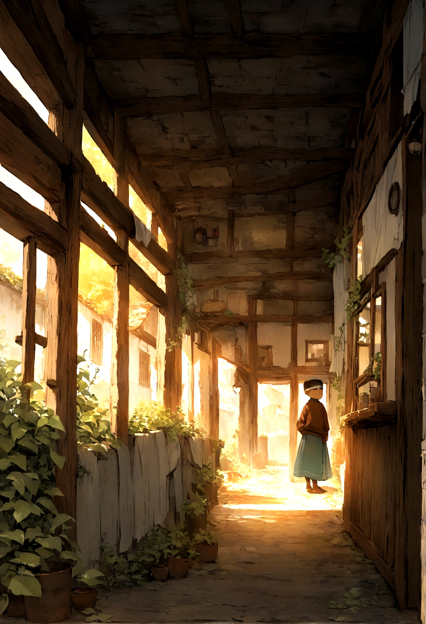 Little boy，blindfold, Meticulous painting style，Soft and fresh colors，Gentle lighting effects，Picturesque picture quality，Warm atmosphere, atmosphere of poverty 