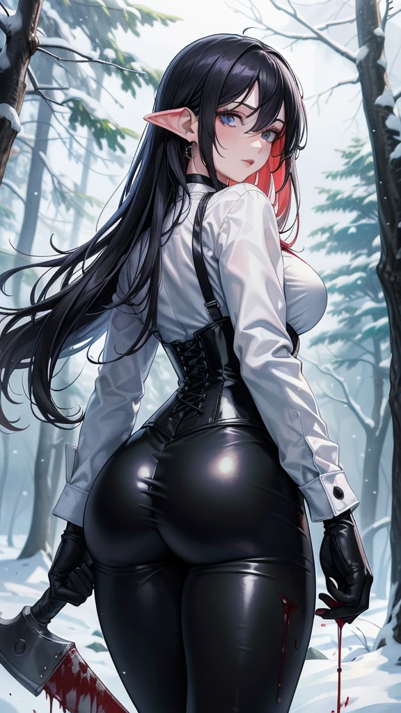 ((blood droplets)), ((blood)), ((blood splatter)), ((blood on clothes)), ((blood stain)), Masterpiece, Beautiful art, professional artist, 8k, art style by sciamano240, Very detailed face, Detailed clothing, detailed fabric, 1 girl, view from behind, perfect ass, standing, perfectly drawn body, terrified expression, pale skin, beautiful face, long black hair, Blue eyes, very detailed eyes, pink cheeks, choker:1.6, (white collar button down long sleeve shirt), black gloves, gloves that cover hands, (holding an ax in his right hand), (black leather corset), (shiny black leggings), Sensual Lips , evening de invierno, show details in the eyes, looking at the viewer, Dark road, Snowy forest, evening, Atmosphere, snow
