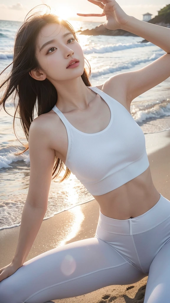 (logo、masterpiece、8K、tabletop、RAW photos、very cool、最high quality、Photorealistic and very detailed CG integrated 8K wallpaper、high quality、very detailed、epic、particle effects、Dynamic effects、written border depth、cinematic light、lens flare、ray tracing)、fancy、 (one beautiful woman、white yoga pants、smooth, long legs, white t shirt、white tube top、white crop top、black hair、beautiful face、true face、beautiful details、eye、beautiful skin、ultimate body、attractive)、私の髪はwindに舞う、Hair flutters in wind、hair pops out、Coast、very cool景色、coastal、Sunrise、with the sun in the background、wind、Beach