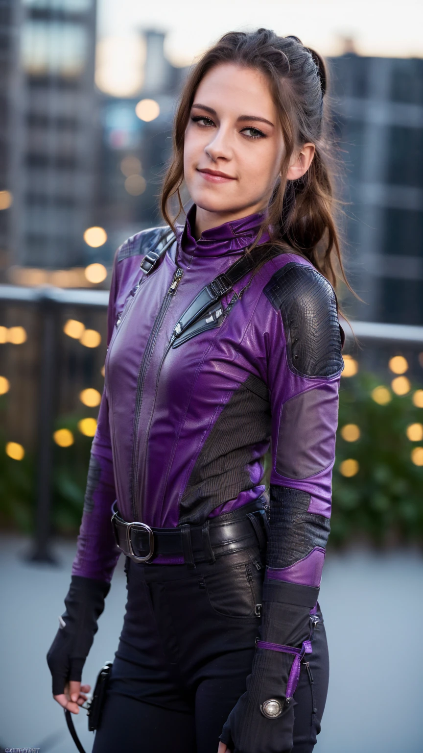 (masterpiece), (photorealistic1.4), (epiCRealLife), (lora:KateBishopFNLoRA:1.0 ribbed bodysuit costume), (KateBishopFNLoRA black leather pants), (KateBishopFNLoRA utilities belt), (leg holster) (KateBishopFNLoRA black gloves), (Kate Bishop Purple Costume),, (epiCFlashPhoto), (harness), (medium height), (ponytail), (young woman), ,(flashphoto), (flash photography), (make up) ,(kst3w-v2 smile ), (Kristen Stewart), (on New York Rooftop), (cowboy shots), (from front), (Kristen Stewart smile), (close up)