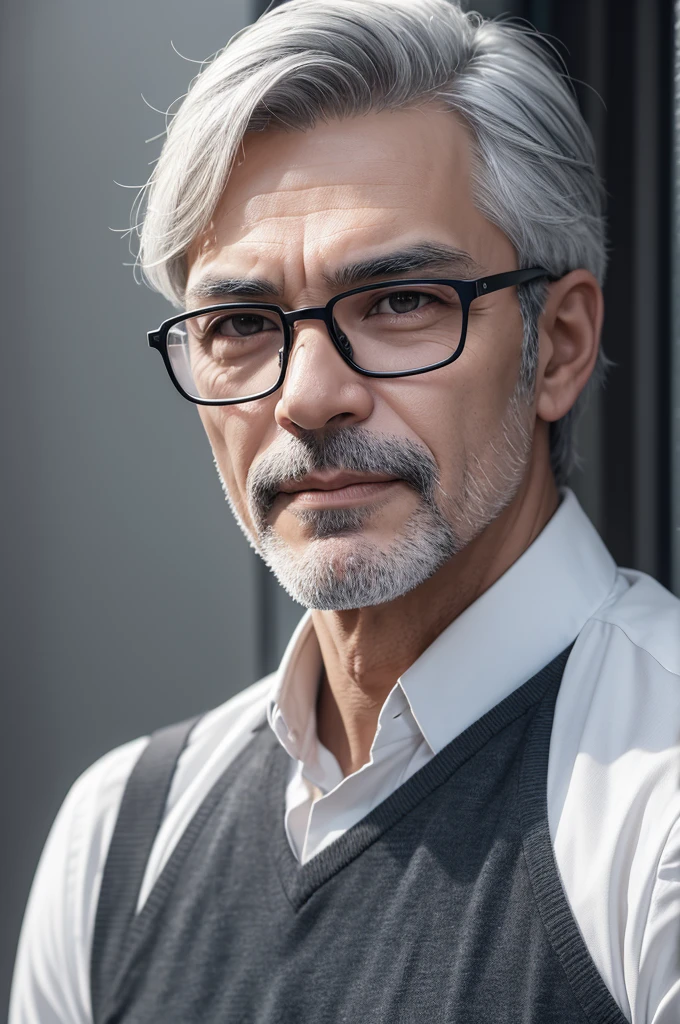 Image of a man around 48 years old, with gray hair, black glasses, eyes black. not cartoon style 