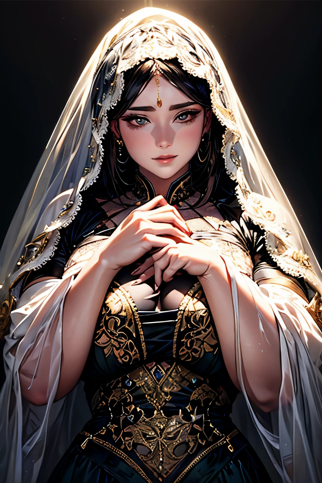 a chubby elegant woman in a white and gold veil covering her eyes, fingers on her lips, long silver nails, black background, photo-realistic, high quality, intricate details, oil painting, dramatic lighting, muted colors, mysterious atmosphere