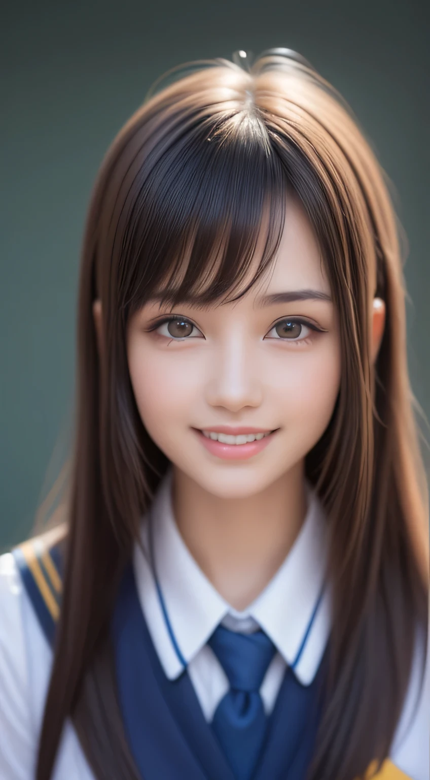, 1girl in, Extremely cute, Amazing face and eyes, (Beautiful lovely smile), (extremely detailed beautiful face), bright and shiny lips, Super beautiful, (School uniform:1.3), (Best Quality:1.4), (hyper quality), (Ultra-detailed), (Hyper-realistic, Photorealsitic:1.37), Authentic skin texture, Highly detailed CG integrated 8k wallpapers, RAW Photos, professional photograpy, Cinematic lighting,
