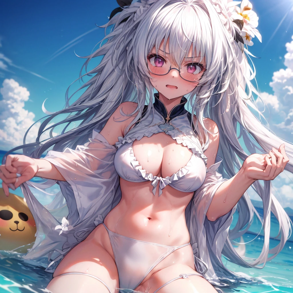 ((Highest quality)), ((masterpiece)), ((detailed)), (4K), 1girl, 独奏, middle hair, frilled bikini, white bikini, glasses, large breasts, spread legs, (looking down), (from above), looking at viewer, wet, sweat, blush, angry