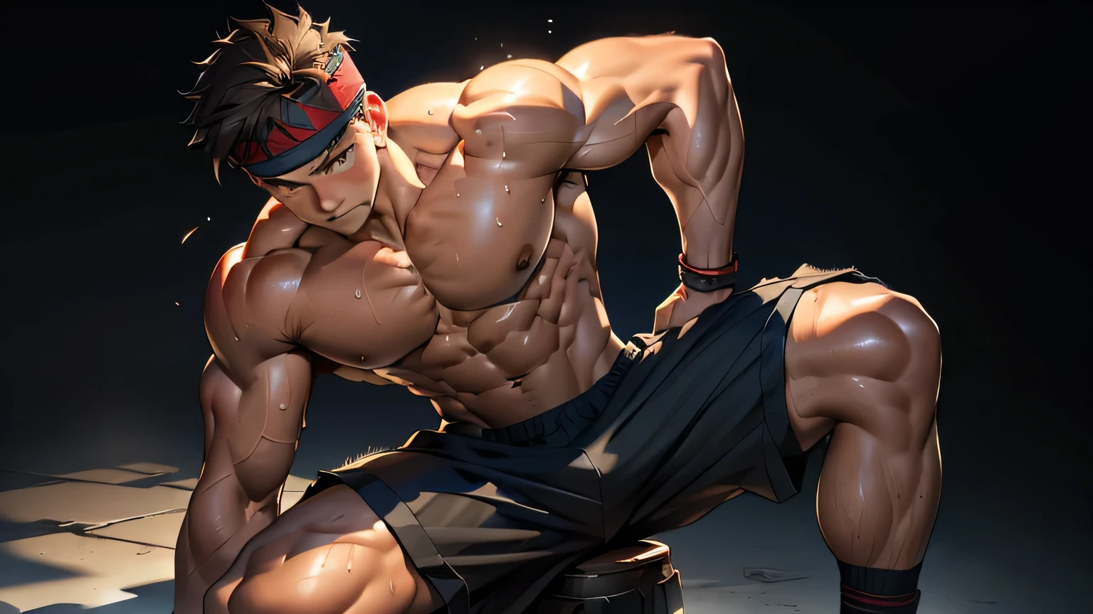 (Masterpiece, Best quality 17 year old boy, black background, standing, ((shoot from front)), bent over), ((((solo, get knocked out, sweat, swoon, defeat, damage, groggy, knee up, buttle pose)))), Young, boy, muscler, Shirtless, (Dark Short straight hair, almost completely shaved hair, under cut, brown eyes), (red headband), ((hot Abs:1.2, big breast:1.2, upper arms, jacked muscle, beautiful musculature, aesthetic striations, inspirational physique, lean muscle, square pecs, beautiful v-taper, great abs and torso), Vivid colors, detailed face, detailed muscle, (rippling muscles, buttle)