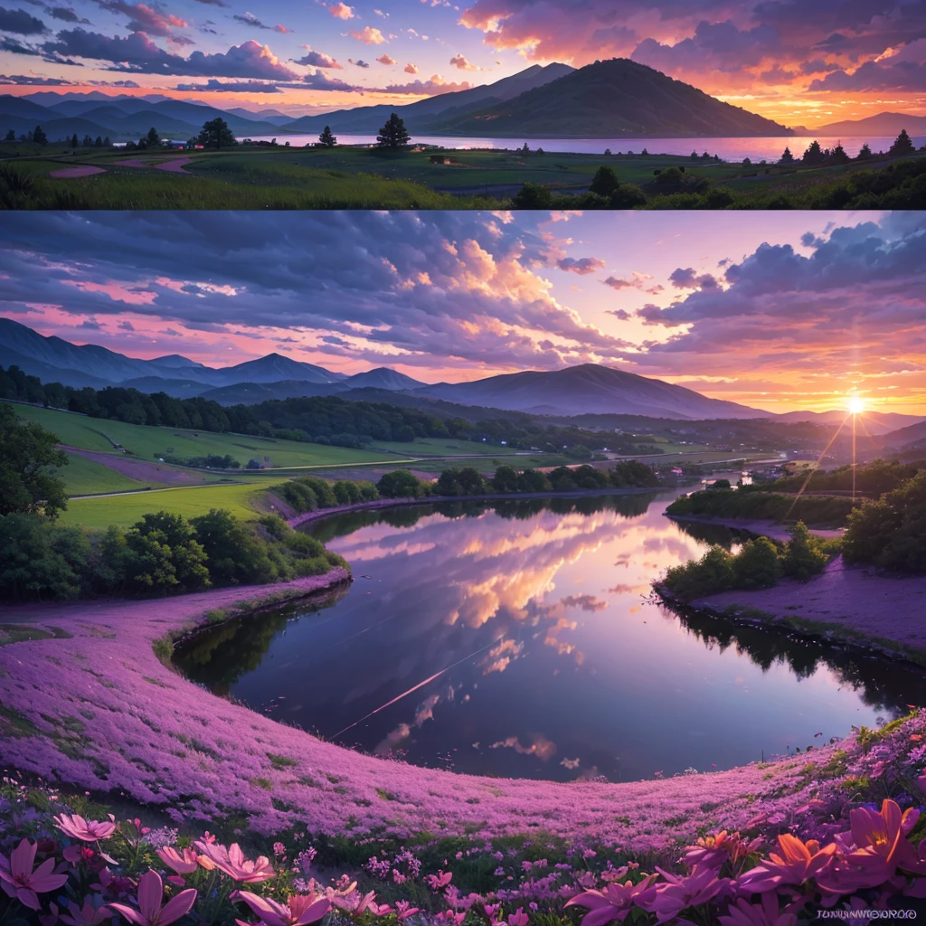 A beautiful purple sky, dramatic sunset, glowing clouds, detailed landscape, rolling hills, lush greenery, serene lake, reflection, dramatic lighting, painterly style, vibrant colors, photorealistic, 8k, high quality, masterpiece