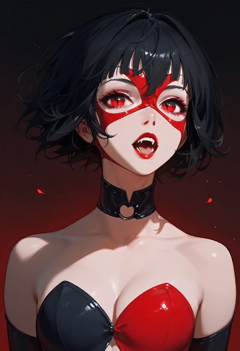 Vampire girl, short black hair, red eyes, wearing a sexy mask, her mouth open