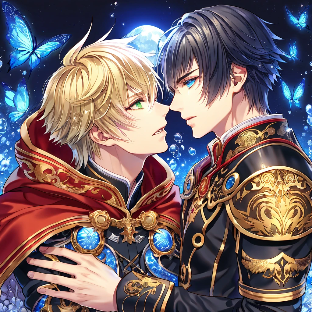 absurdres, highres, ultra detailed, HDR, master piece, best quality, extremely detailed, Kunagiri Machina, black hair, expressive green eyes, Final Fantasy Type 0, Ace, blonde hair, expressive blue eyes, two sexy men together, yaoi, gay couple, handsome, black uniform, red cape, fantasy, water, sparkling, blue glittering fireflies, blue moon, blue flowers, blue butterflies, starry sky