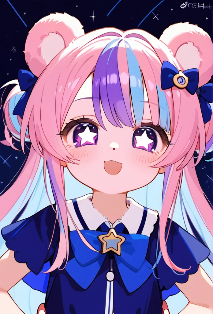 masterpiece, best quality, upper body, score_9,pastel multicolor hair, purple eyes, tiny bear ears, bear ears,pastel rainbow hair, star shaped eyes, proud smile, cute,1girl, hands on hips pose,blue bow on neck,space buns,star shaped eyes, blue bow on neck,fluffy pink skirt,bear ears, star hairties, purple eyes,close-up,dressy kawaii top,close up