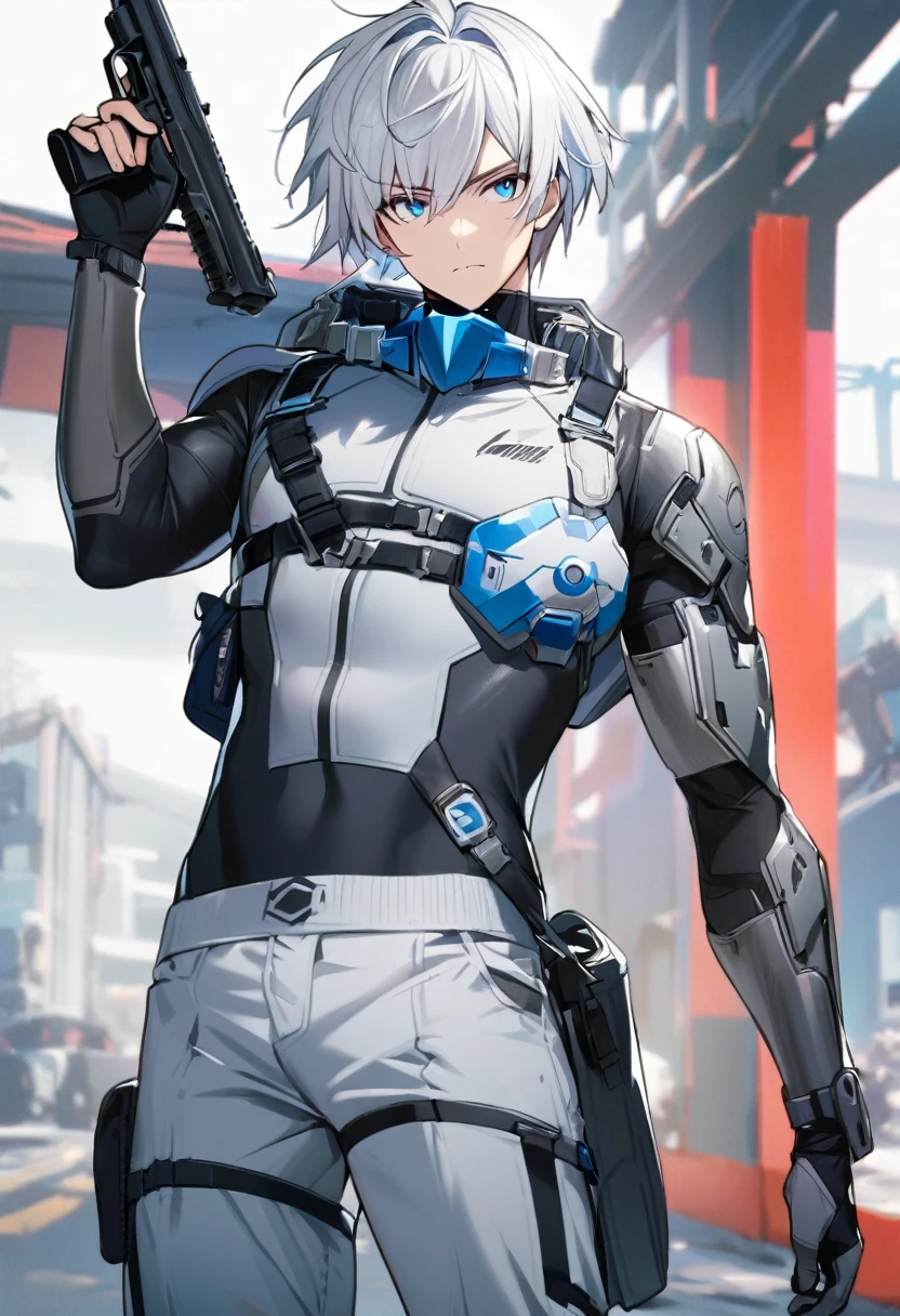 1boy, white hair, 1steel arm, holding pistol, blue eyes, tech wear