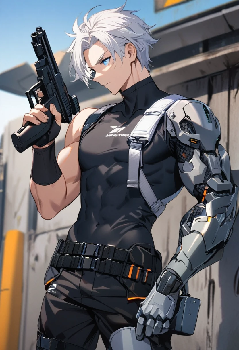 1boy, white hair, 1steel arm, holding pistol, blue eyes, tech wear