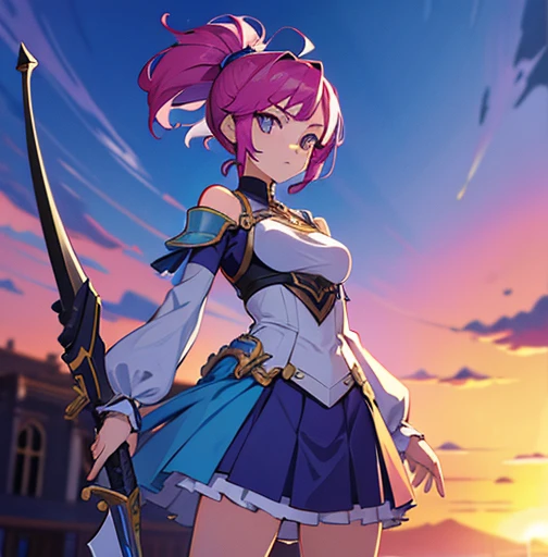 an animated character is in the background of a video game screener and an image of a girl in an with a sword on her shoulder and her breasts spread out