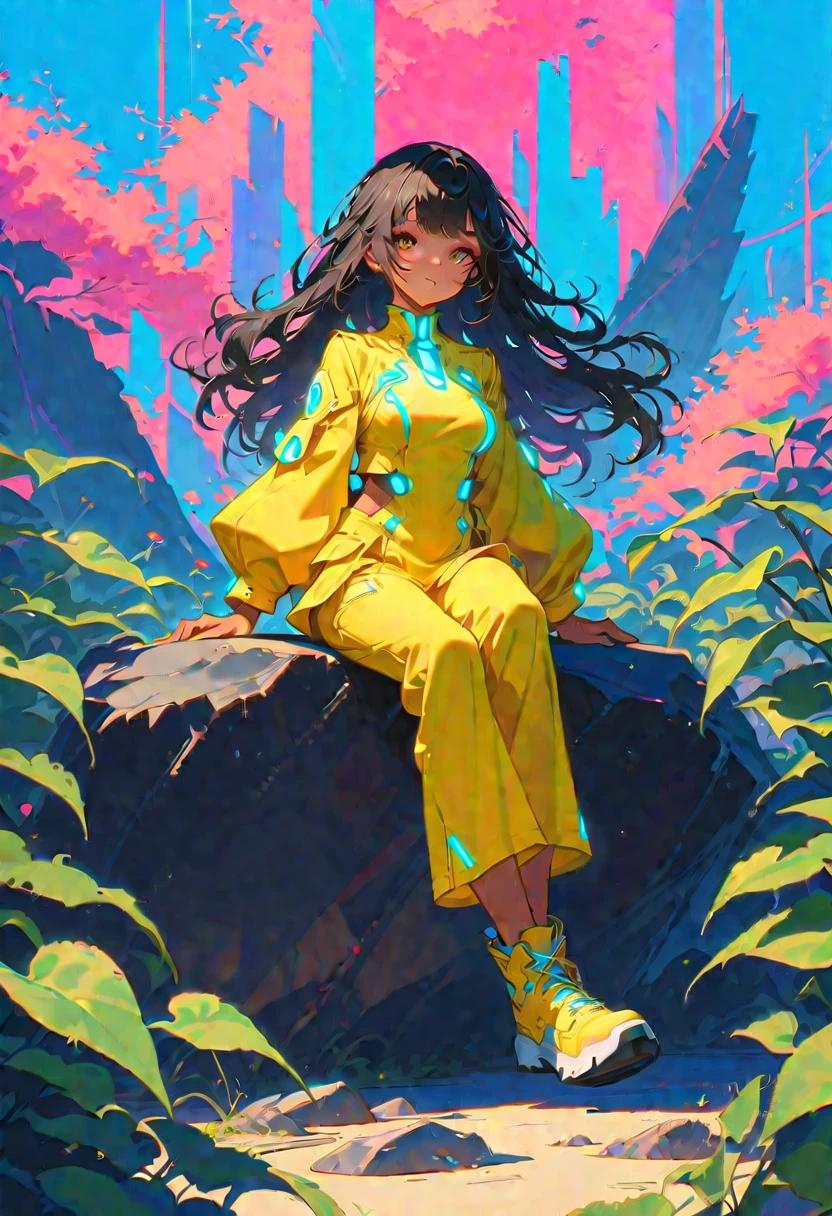 style 9, 1 girl Long black hair, tanned complexion, brown eyes, sitting on a rock with blue tones, wearing a futuristic yellow uniform