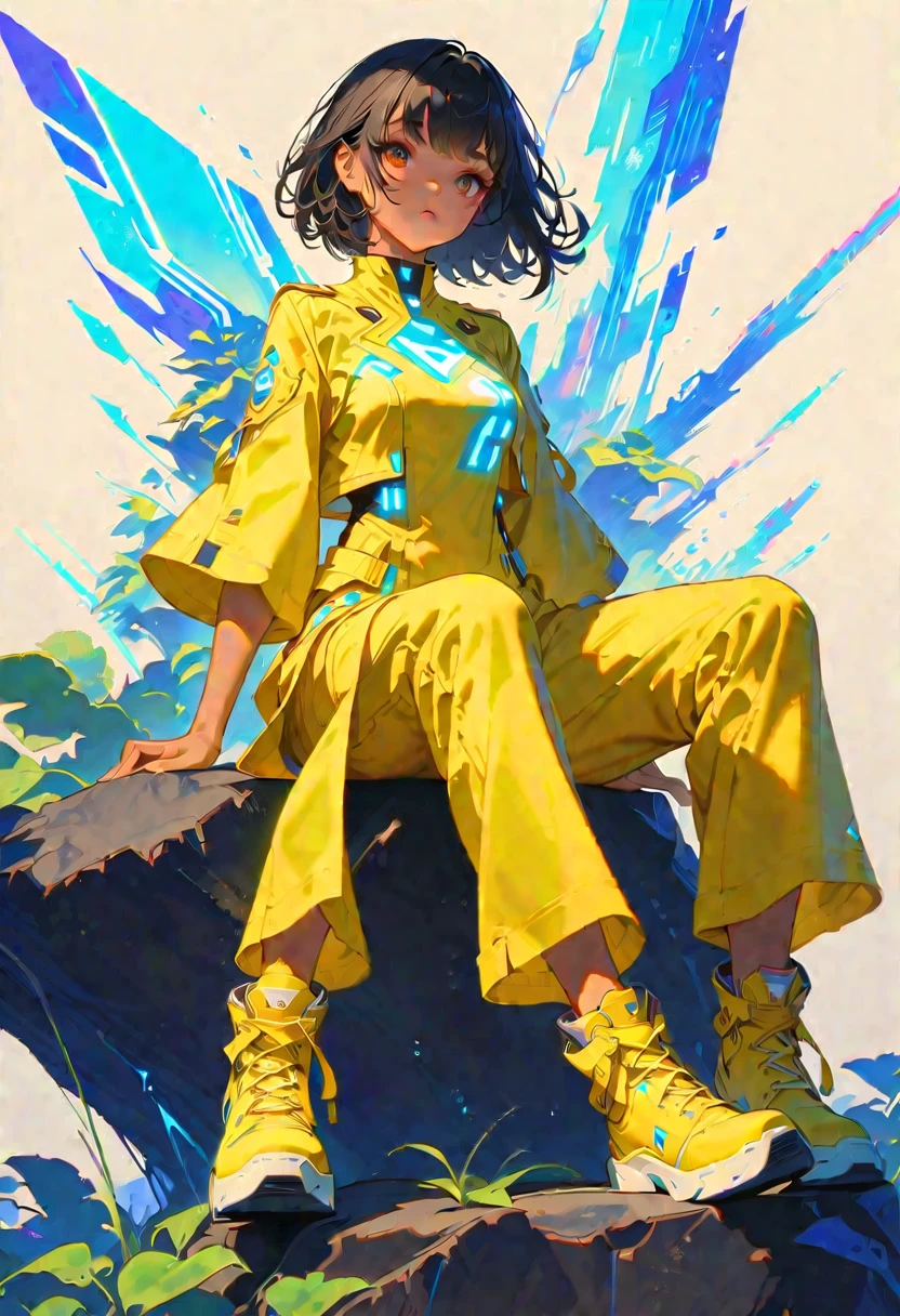 style 9, 1 girl Long black hair, tanned complexion, brown eyes, sitting on a rock with blue tones, wearing a futuristic yellow uniform